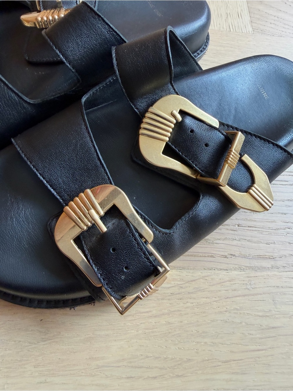 Anine Bing Black Leather Slide Sandals with Gold Buckles - Picture 16 of 16